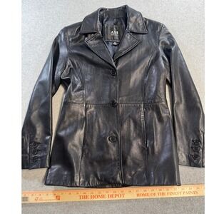 AM Studio Leather Blazer Jacket Womens XS Black Excellent 3-Button Tailored Coat